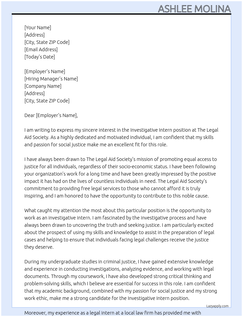 Investigative Intern At The Legal Aid Society Cover Letter