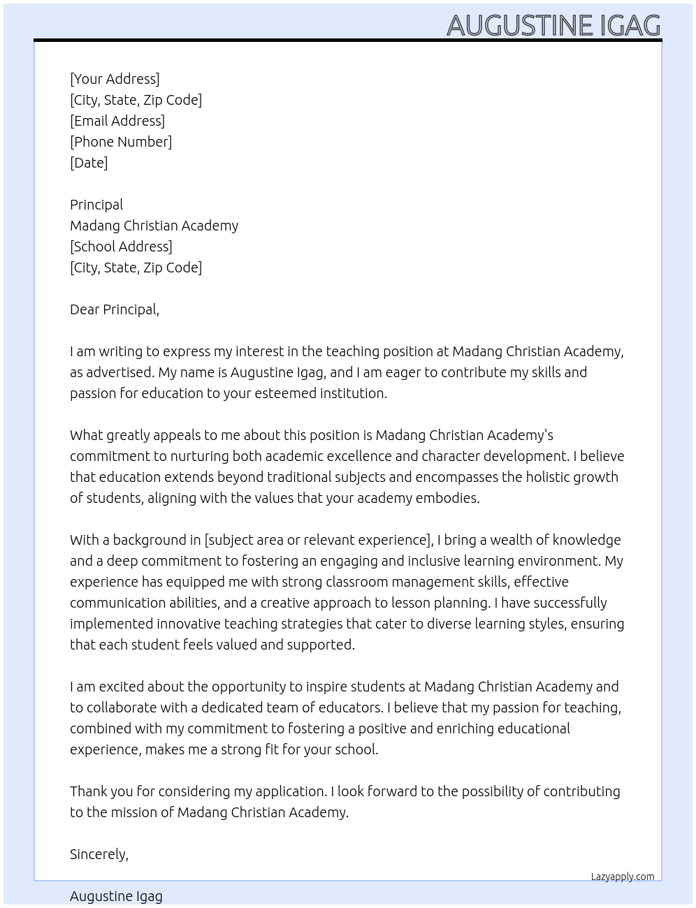 Teacher At Madang Christian Academy Cover Letter