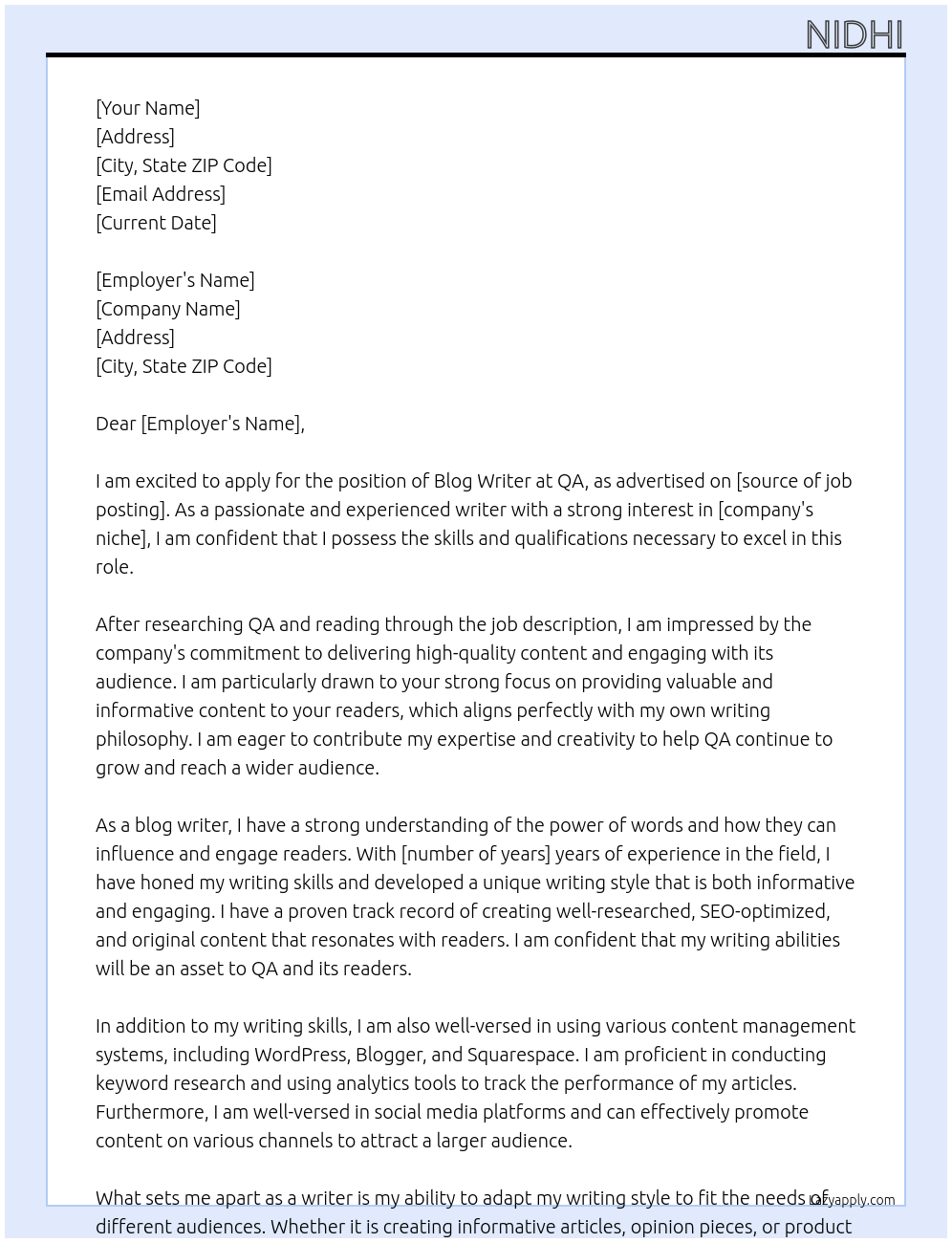 blog writer At QA Cover Letter