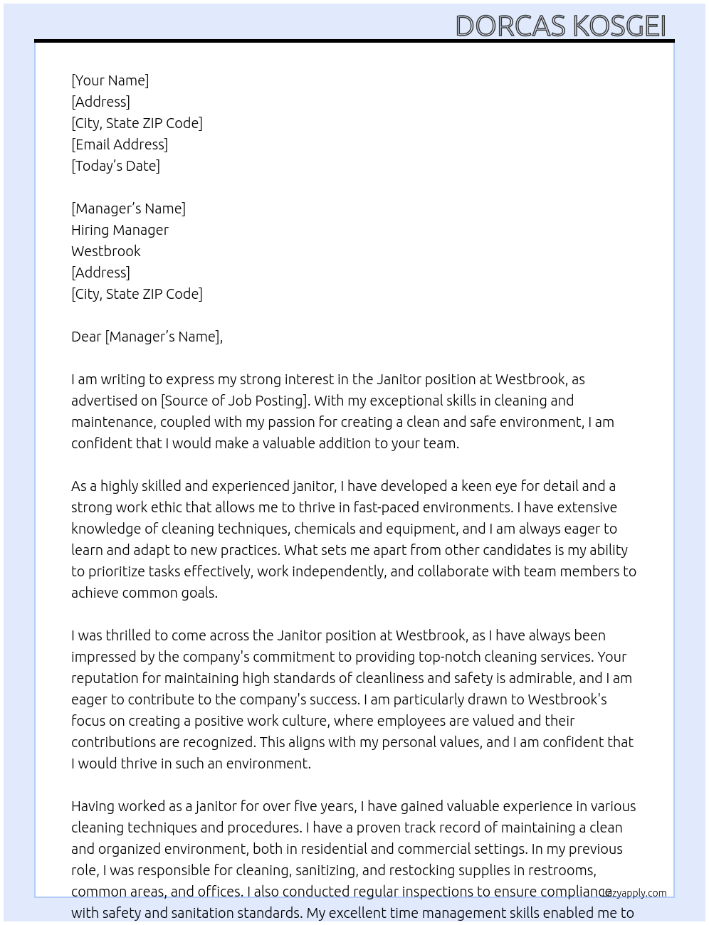 Janitor At Westbrook Cover Letter