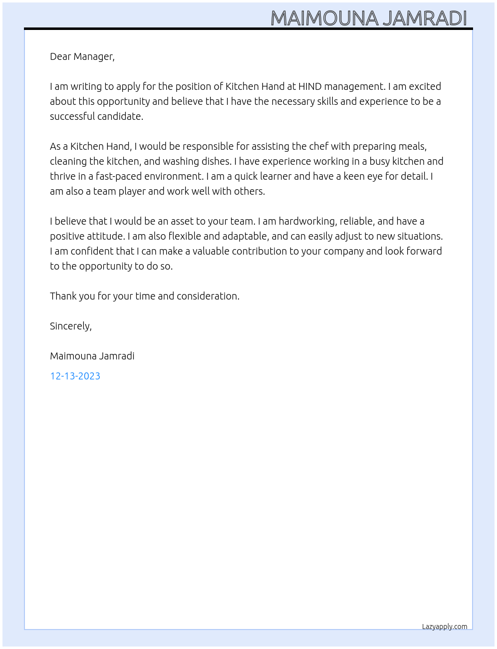 Kitchen hand At HIND management Cover Letter