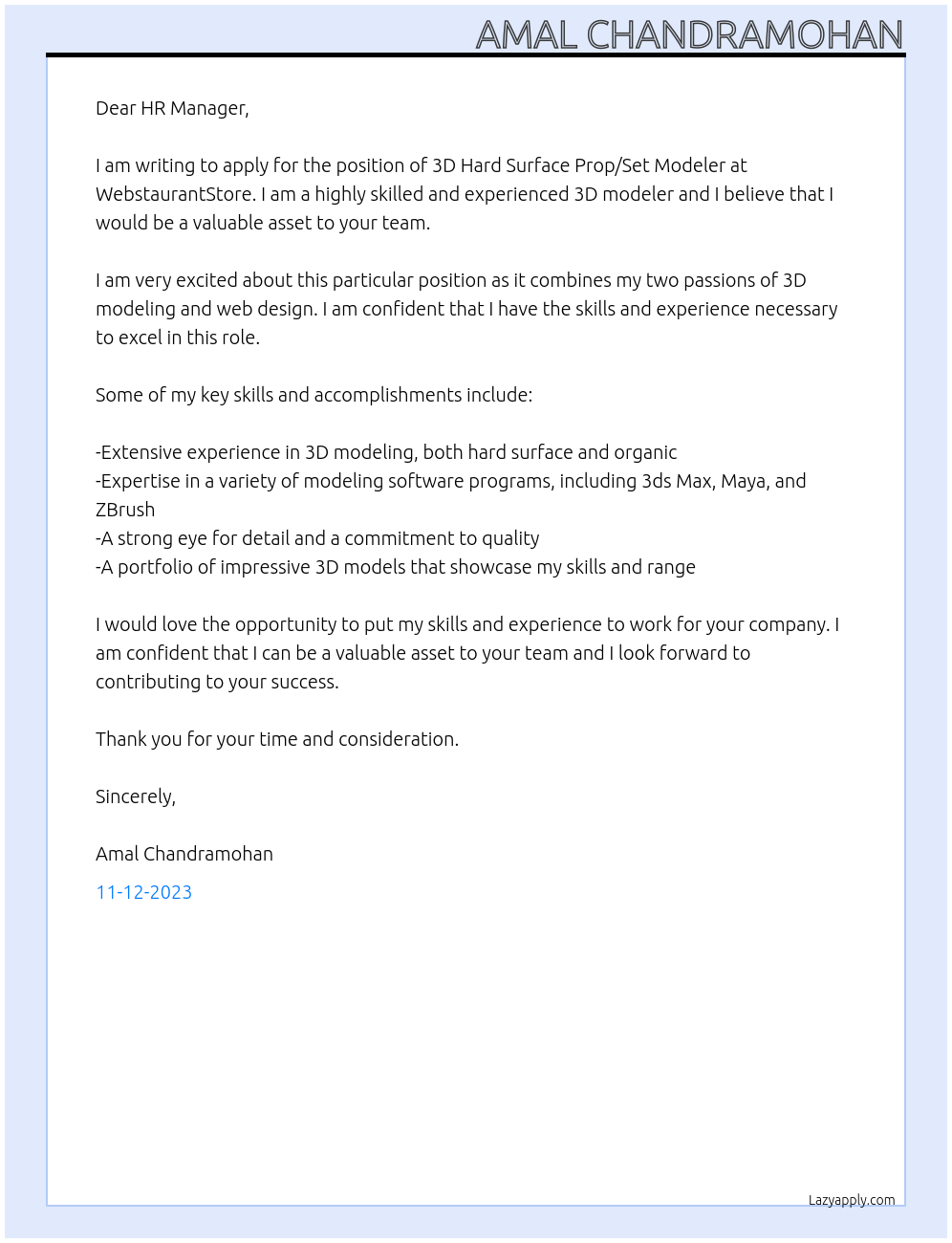 3D Hard Surface Prop/Set Modeler At WebstaurantStore Cover Letter