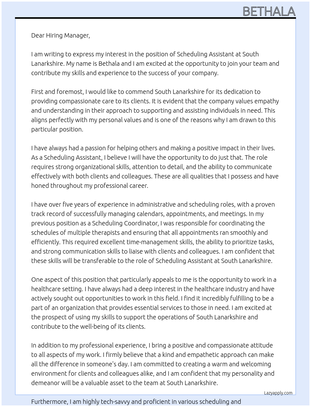 scheduling assistant At South Lanarkshire Cover Letter