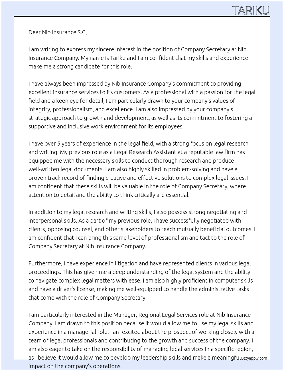 Company Secretary At Nib Insurance Company Cover Letter