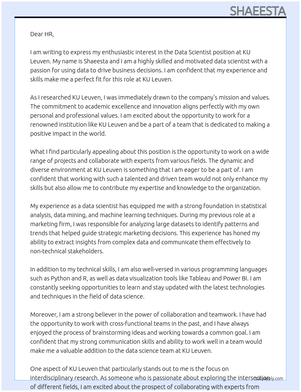 Data Scientist At KU LEven Cover Letter