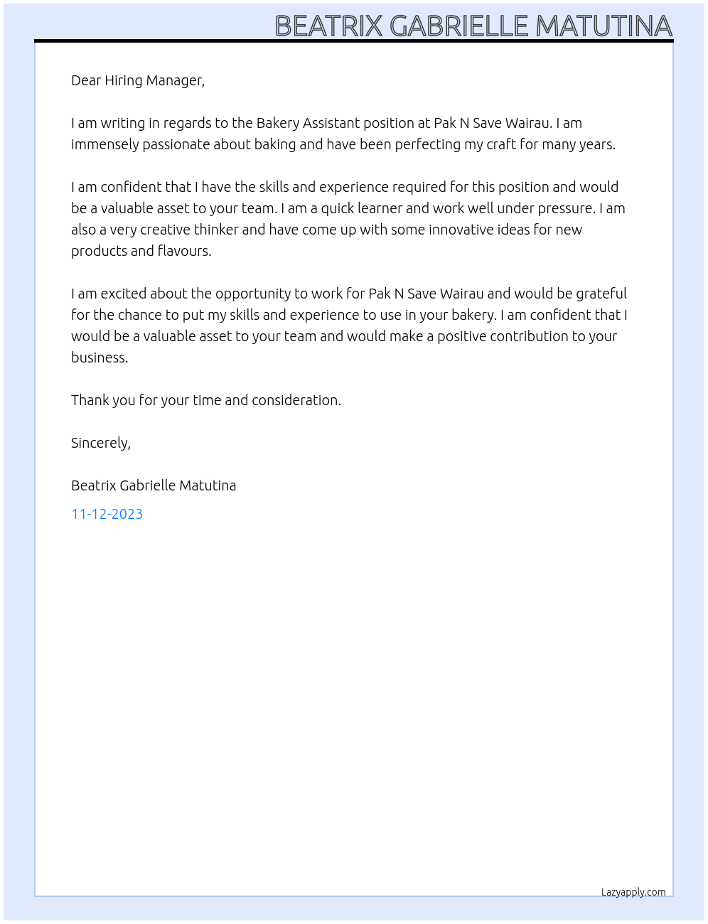 bakery assistant At Pak N Save Wairau Cover Letter