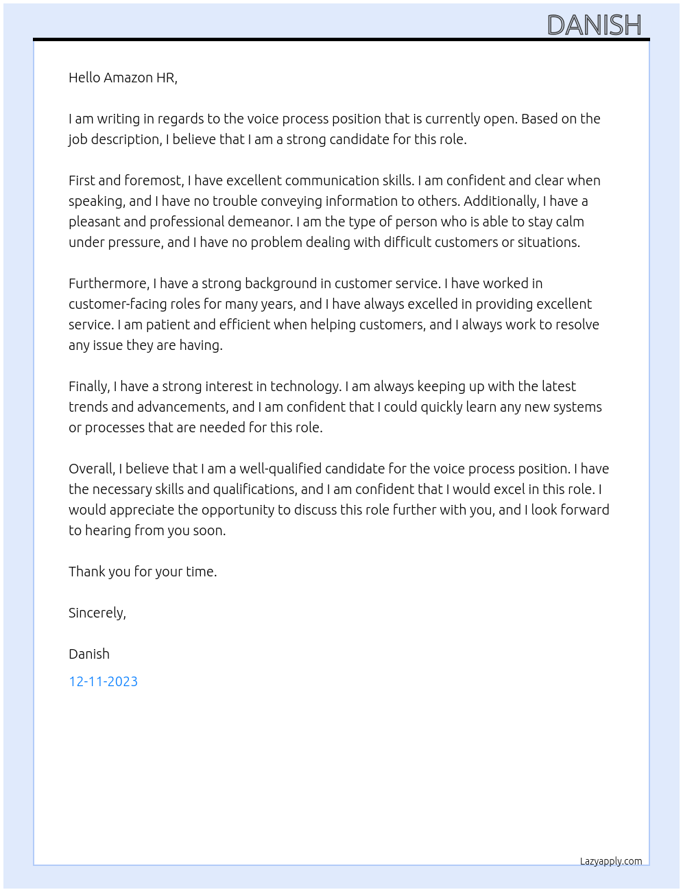 Voice process  At Amazon  Cover Letter