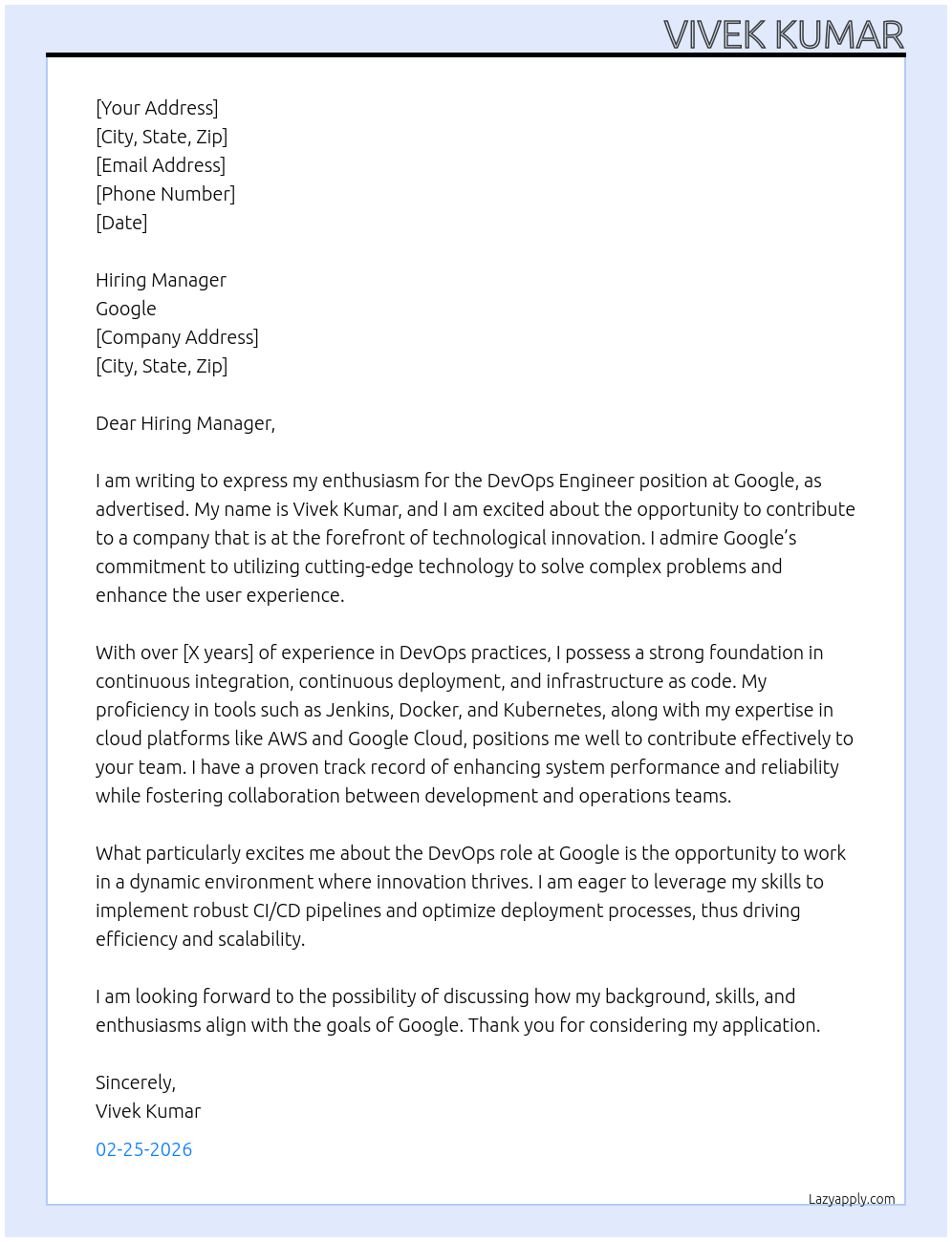 Devops Engineer  At Google  Cover Letter