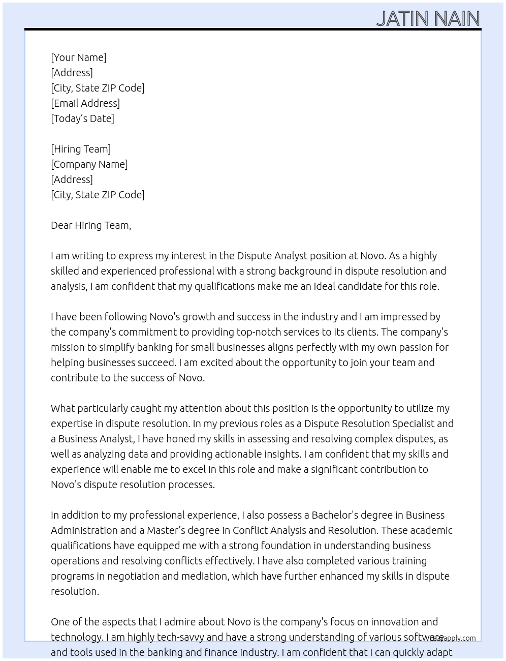 Dispute analyst At Novo Cover Letter