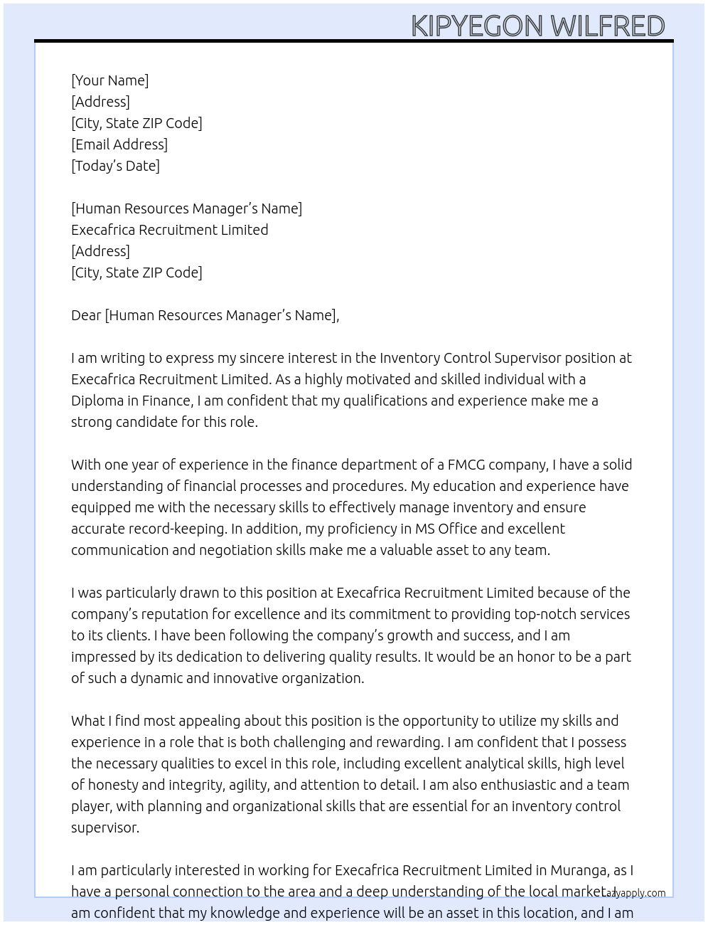 Inventory control supervisor At Execafrica recruitment limited Cover Letter