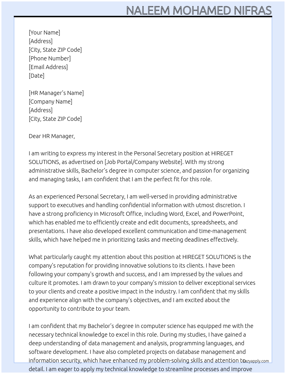 Personal Secretary At HIREGET SOLUTIONS Cover Letter