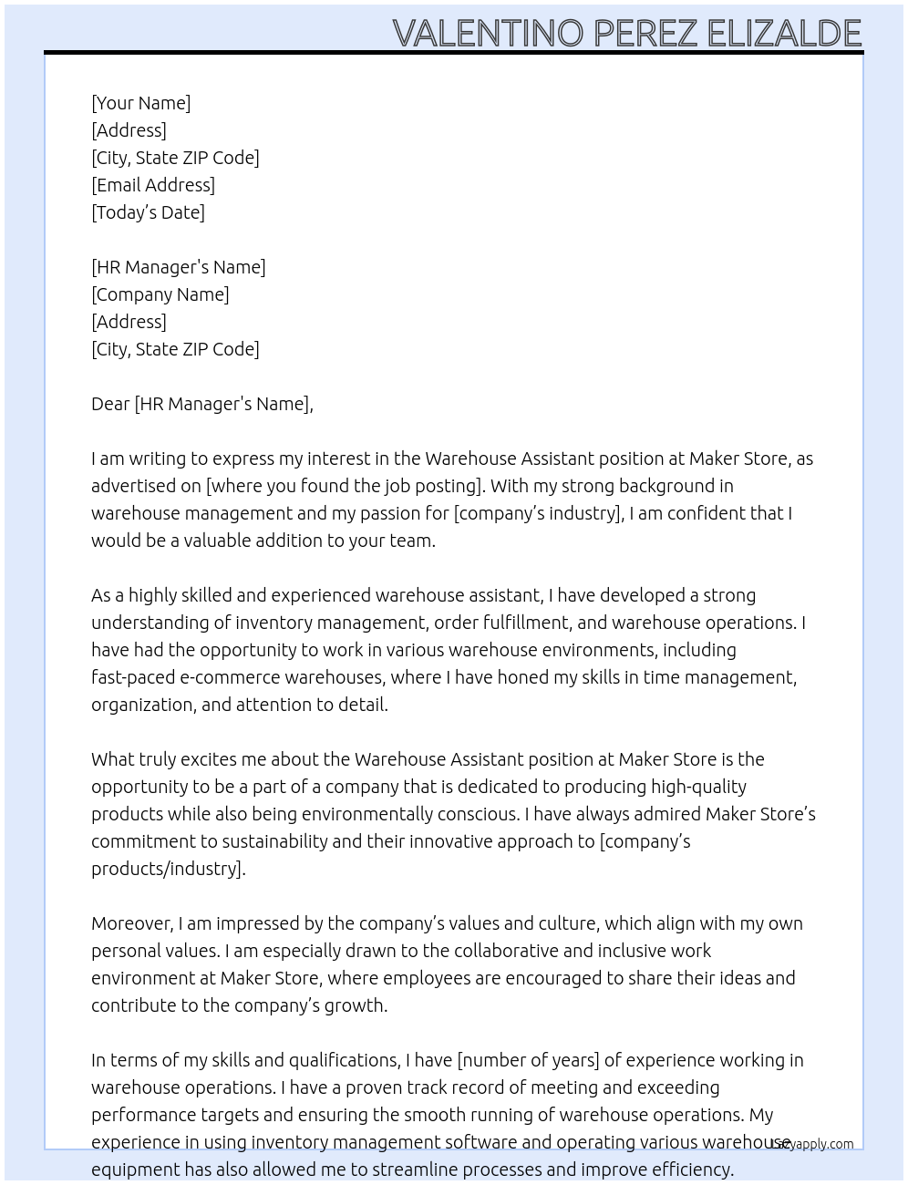 Warehouse Assistant At Maker Store Cover Letter