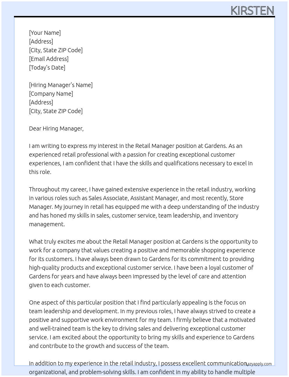 Retail Manager At Gardens Cover Letter