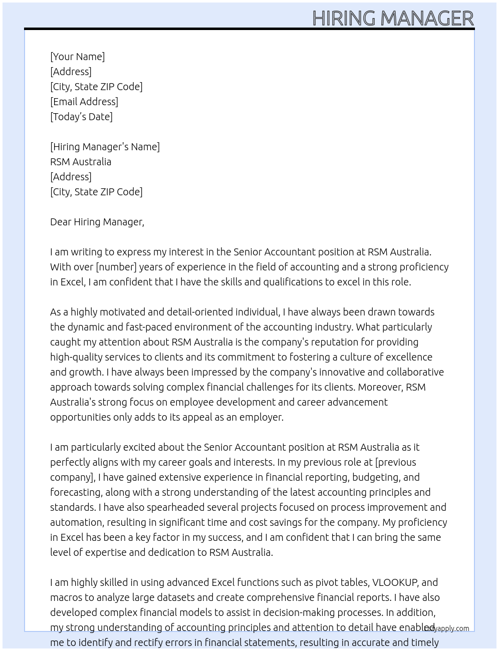 Senior Accountant At RSM Australia Cover Letter