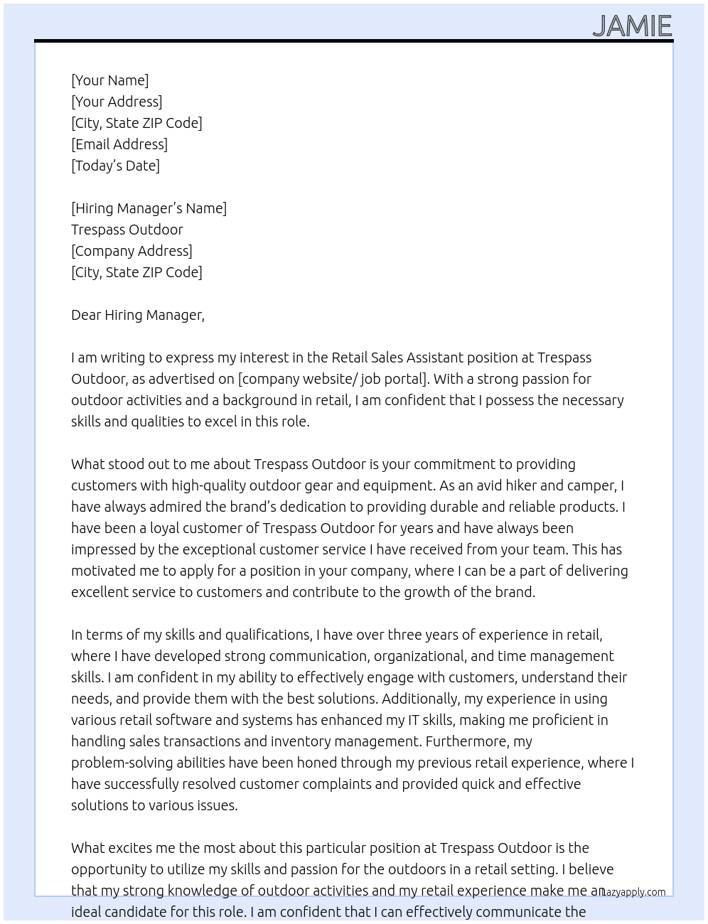 Retail Sales Assistant At Trespass Outdoor Cover Letter