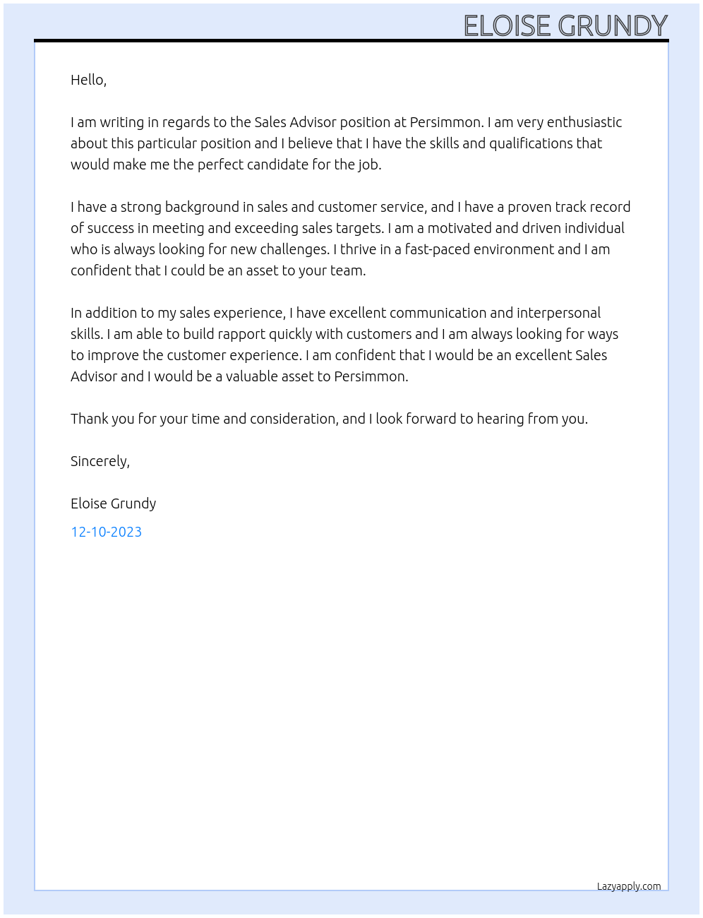 Sales Advisor At Persimmon Cover Letter