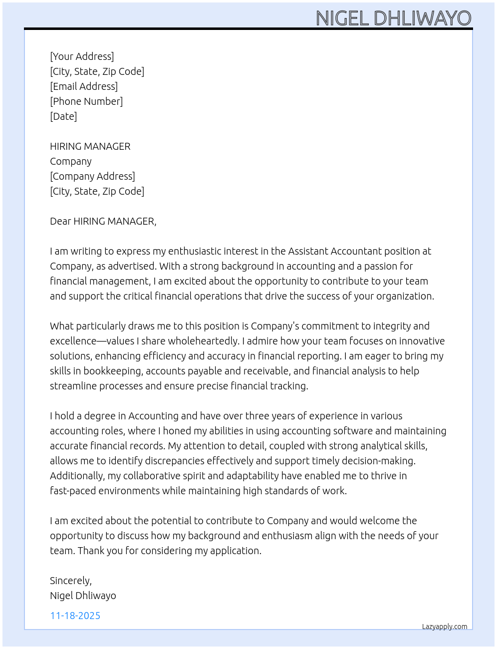 ASSISTANT ACCOUNTANT At company Cover Letter