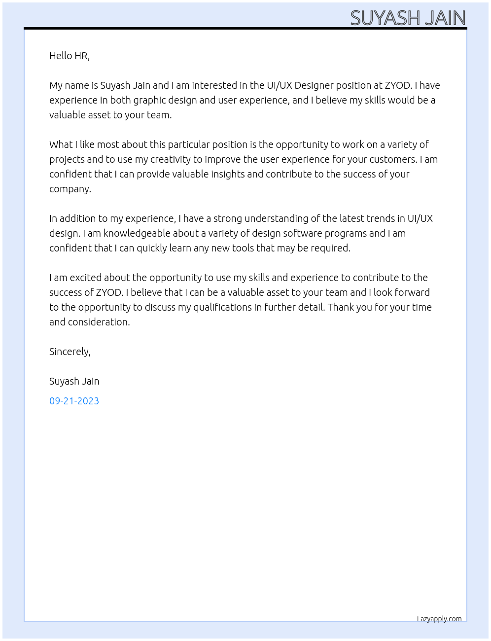 UI/UX Designer At ZYOD Cover Letter
