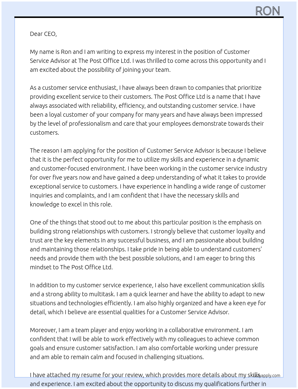 Customer service advisor At The post office Ltd Cover Letter