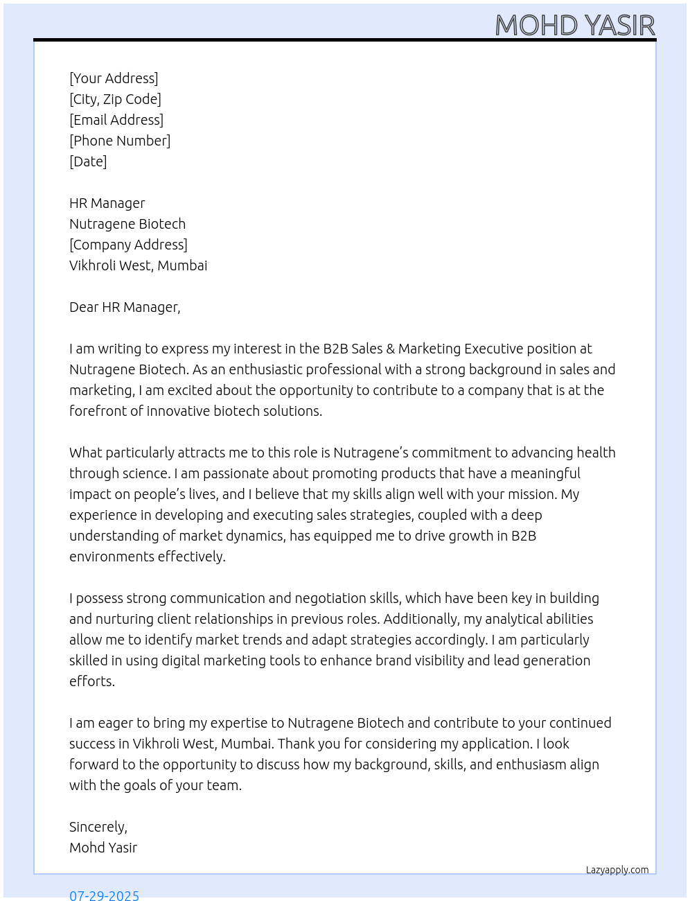 Cover letter for b2b sales & marketing executive - LazyApply