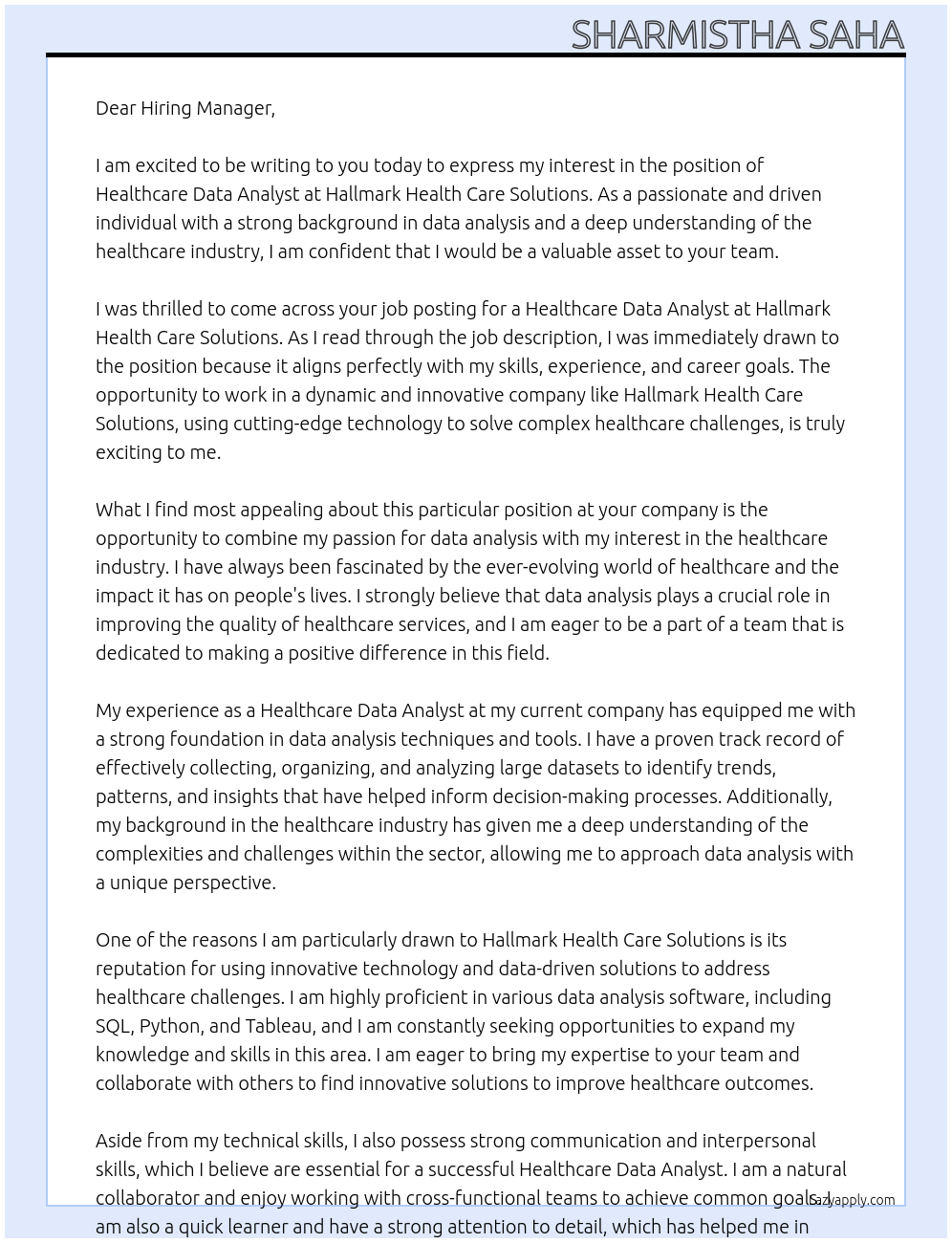 Healthcare Data Analyst At Hallmark Health Care Solutions  Cover Letter