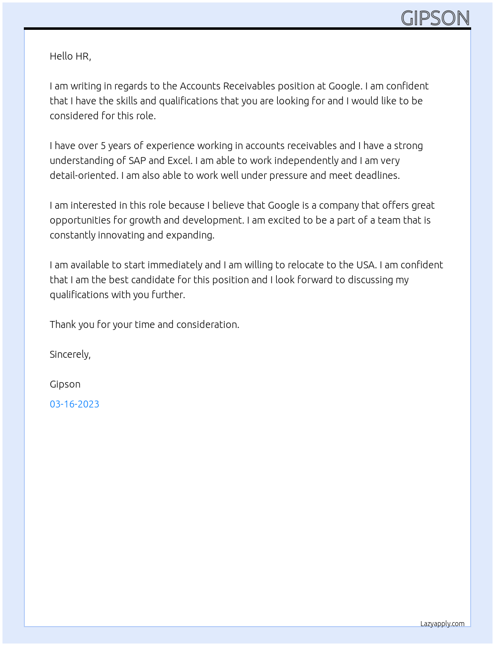 Accounts receivables At Google Cover Letter