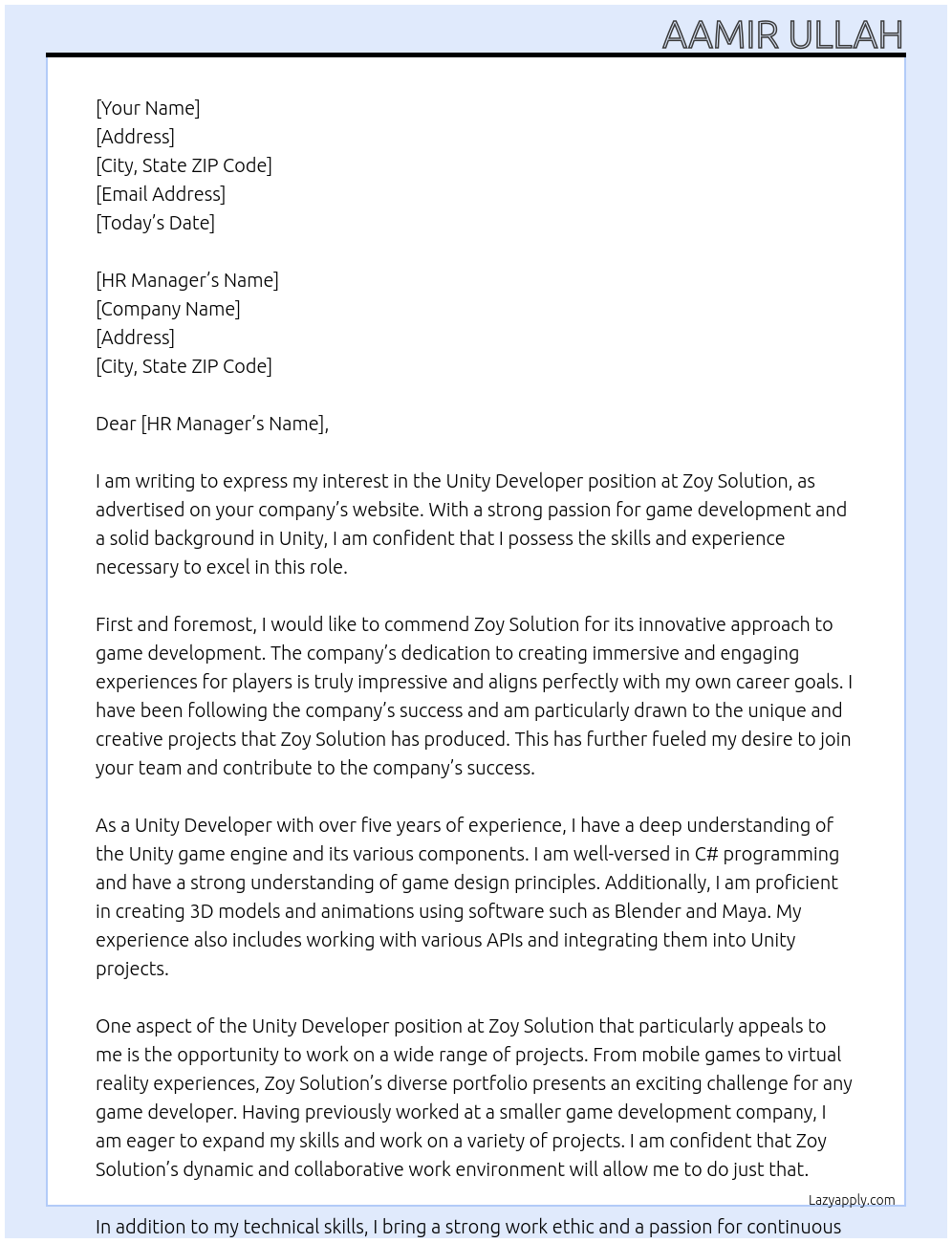 Unity Developer At Zoy Solution Cover Letter