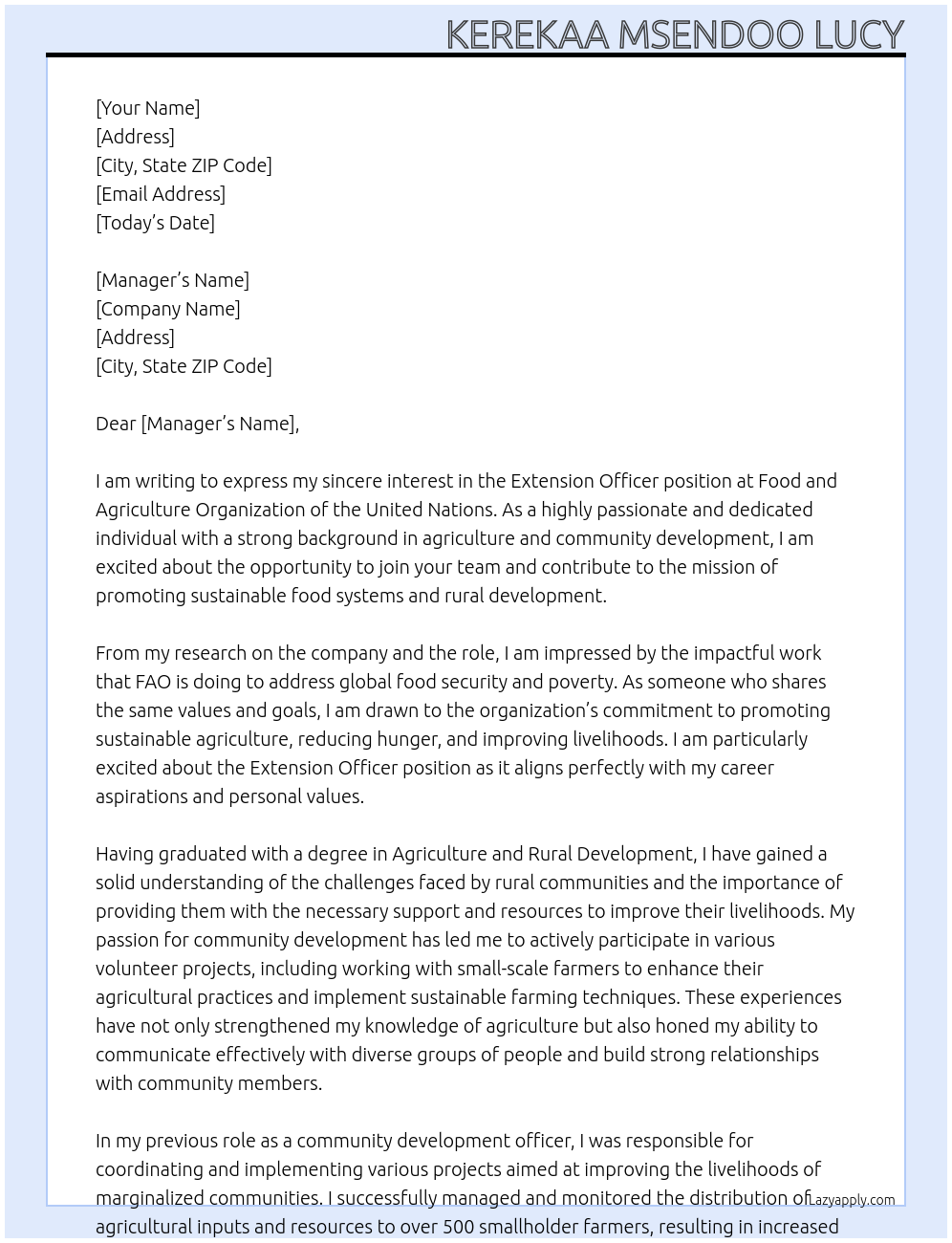 extension officer  At Food and Agriculture Organization of the United Nations Cover Letter