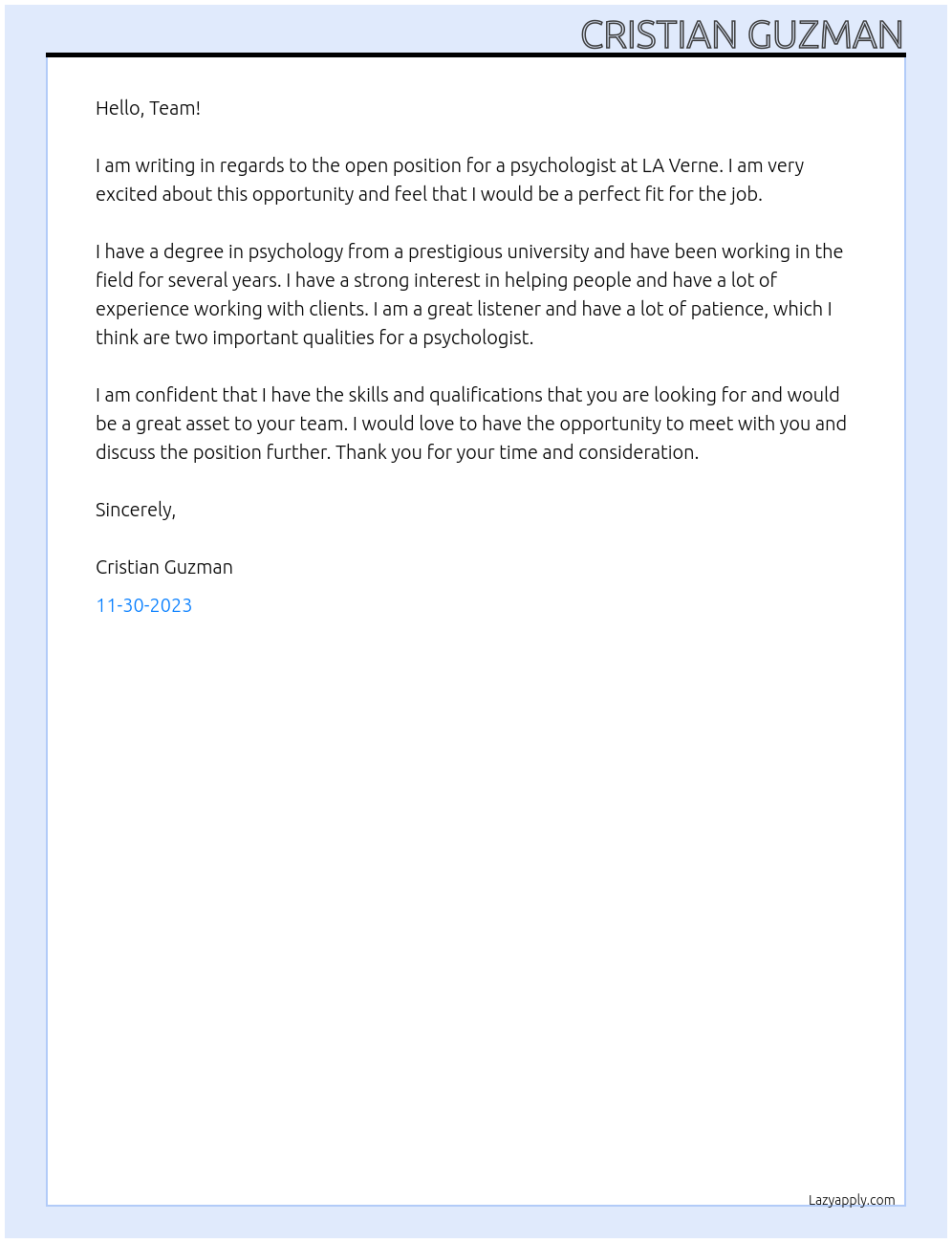 Psychology At LA Verne Cover Letter