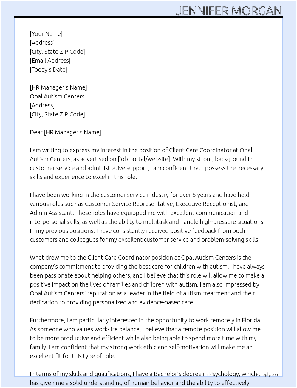 Client Care Coordinator At Opal Autism Centers Cover Letter