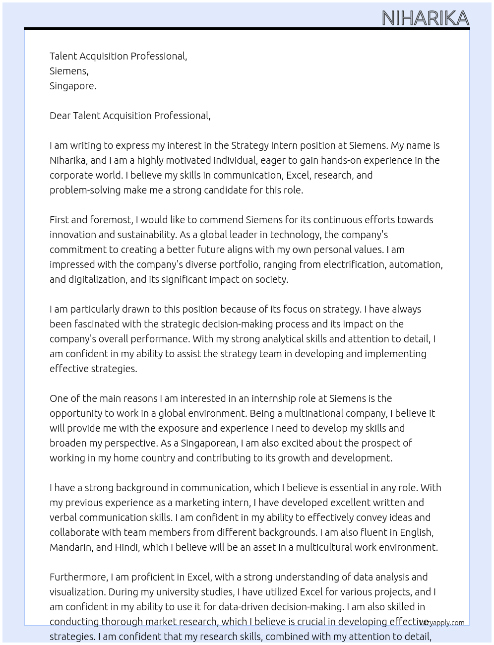 Strategy Intern At Siemens Cover Letter