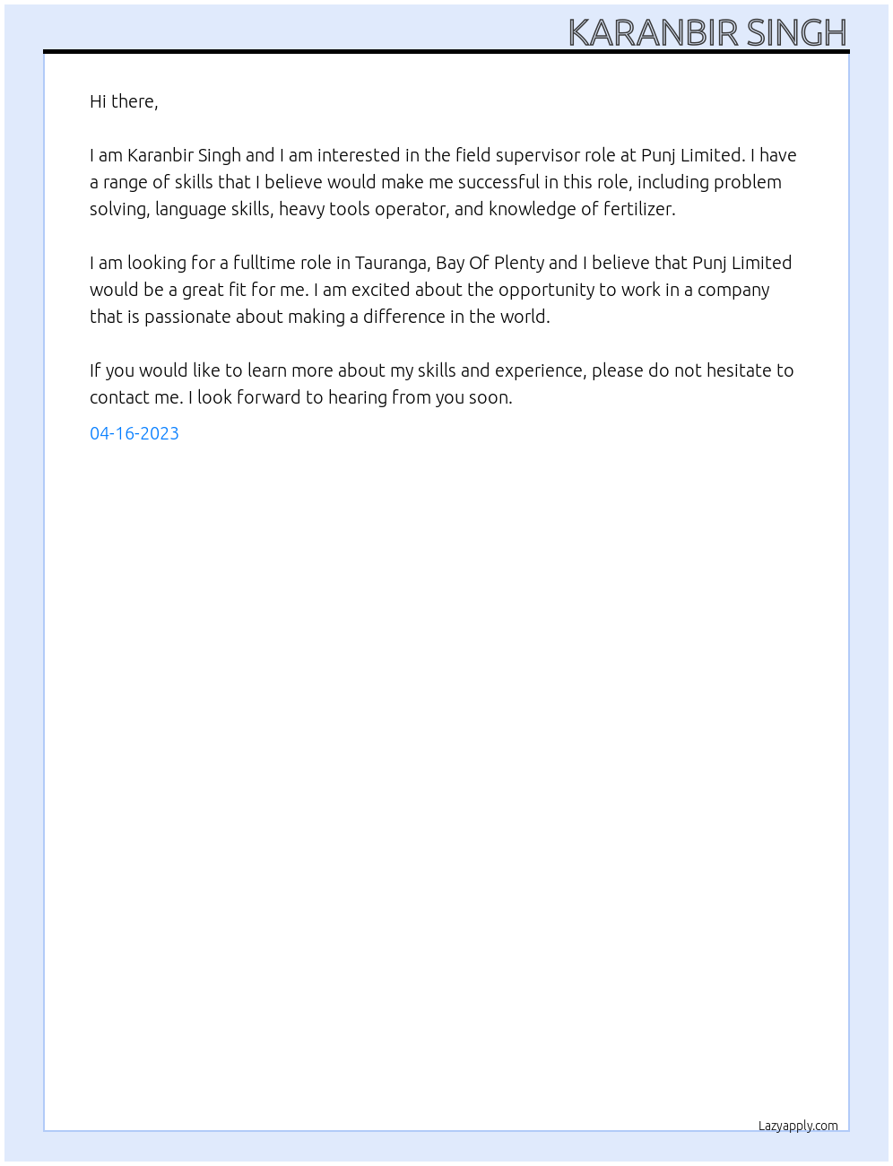 field supervisor At Punj limited Cover Letter