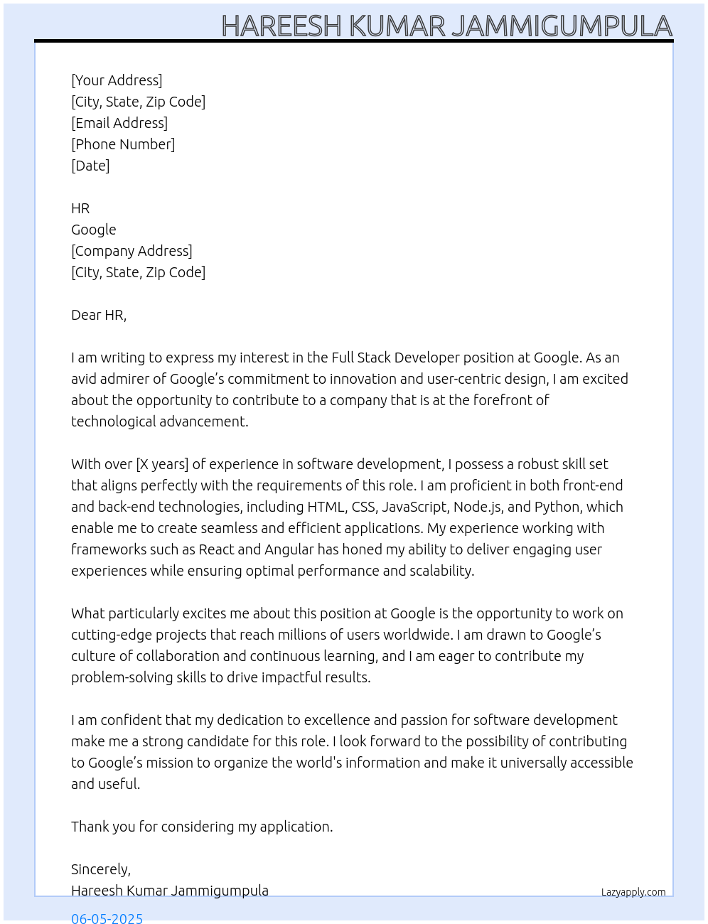 FULL STACK DEVELOPER At GOOGLE Cover Letter