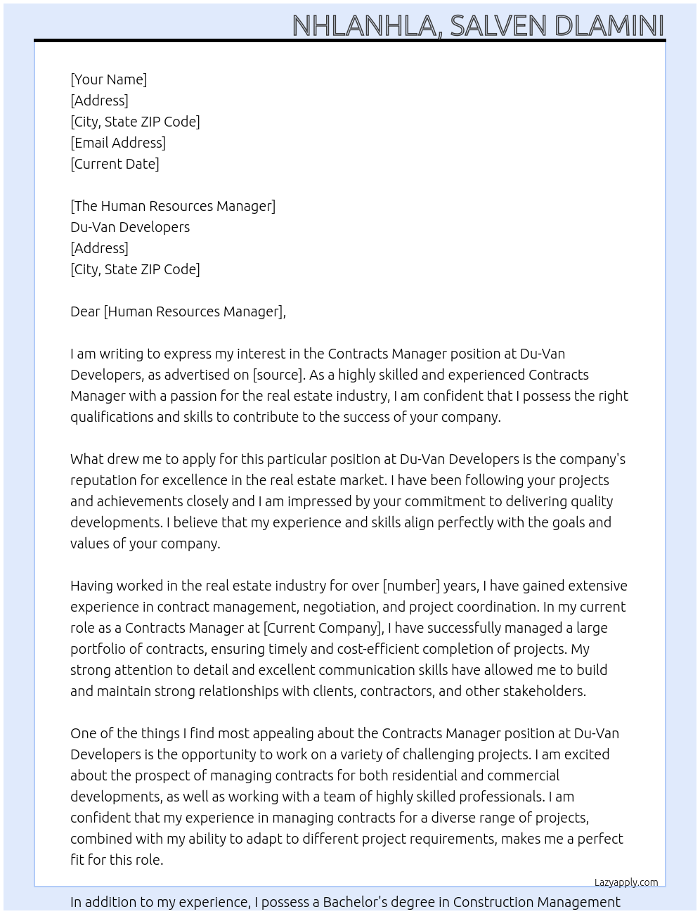 Contracts Manager At Du-Van Developers Cover Letter