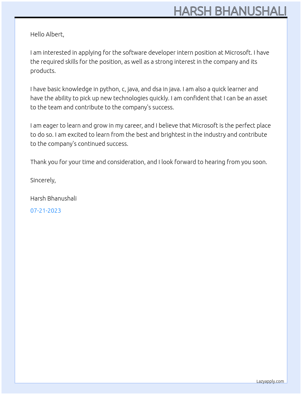 software developer intern At microsoft Cover Letter