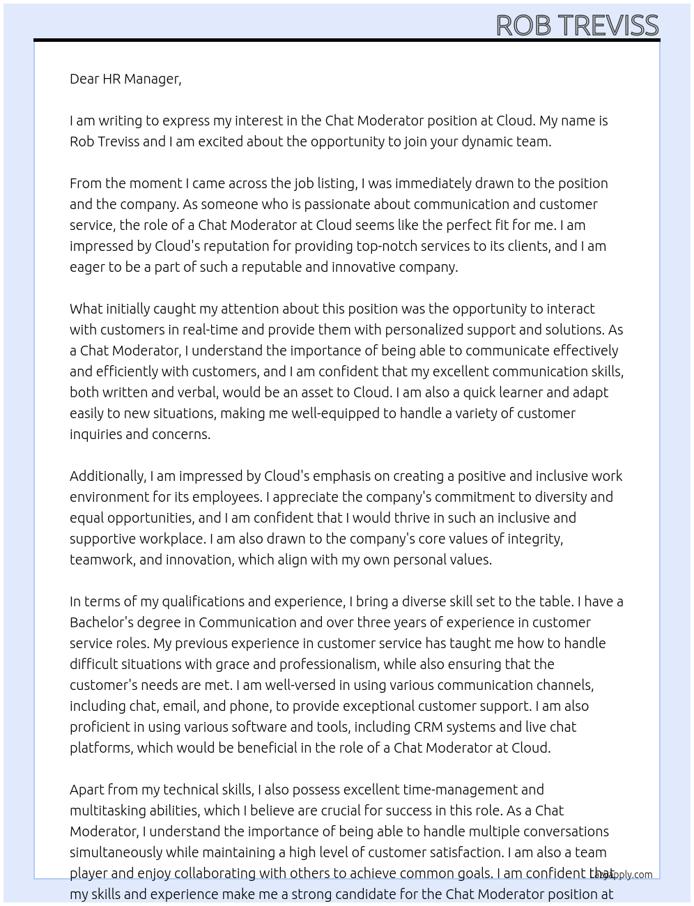 Chat Moderator At Cloud Cover Letter