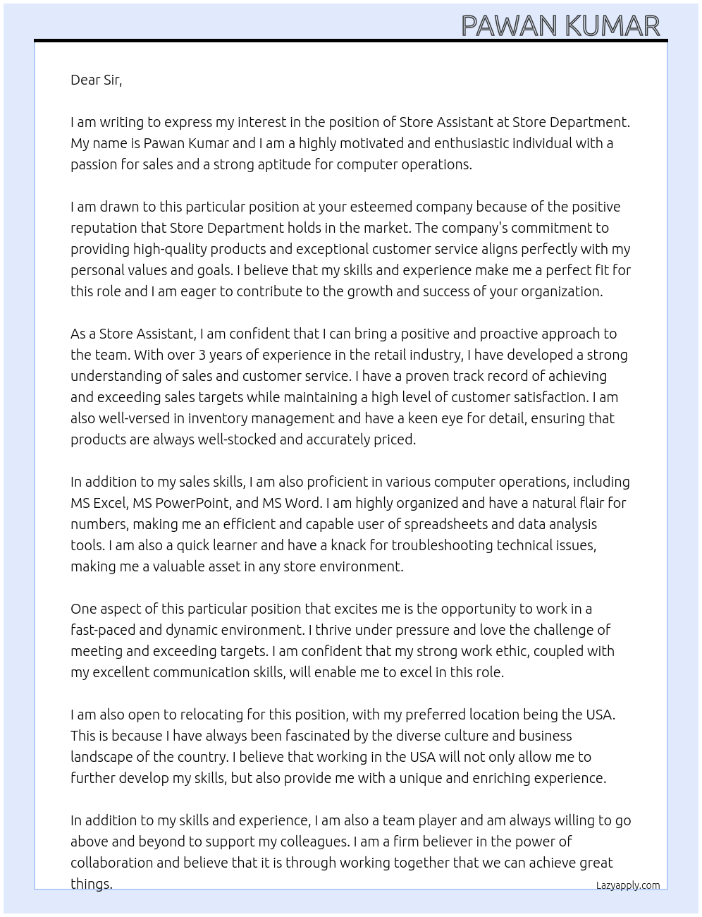 Store assistant At Store department Cover Letter