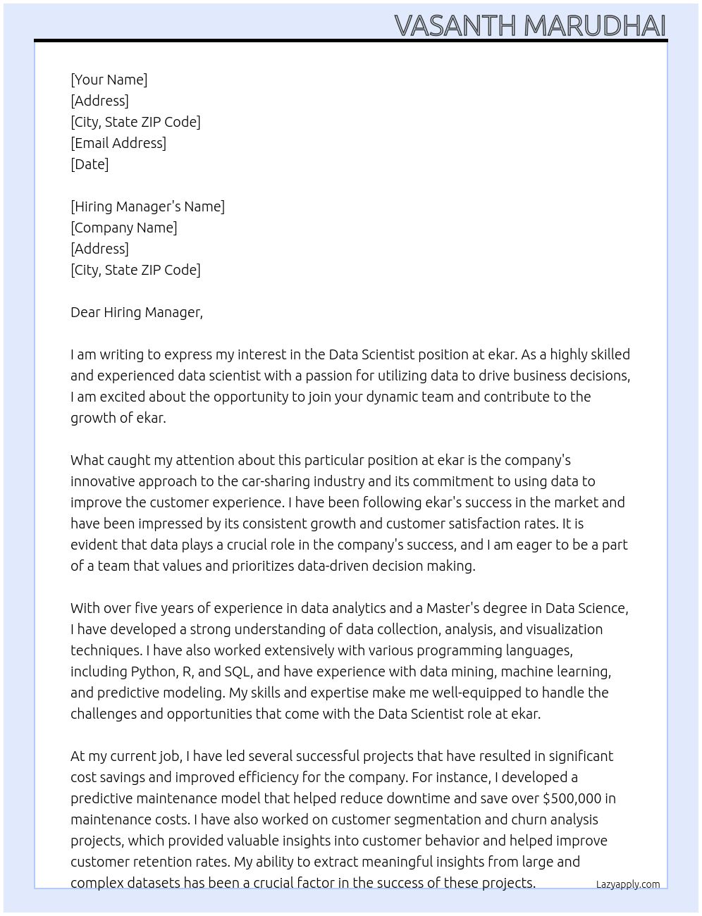 Data Scientist At ekar Cover Letter