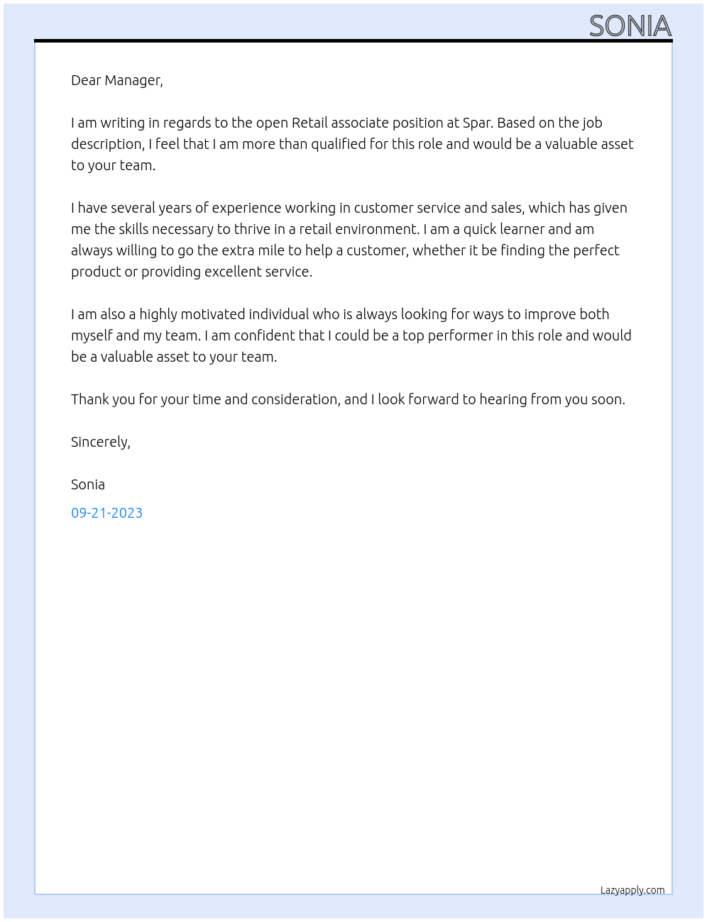 Retail associate At Spar Cover Letter