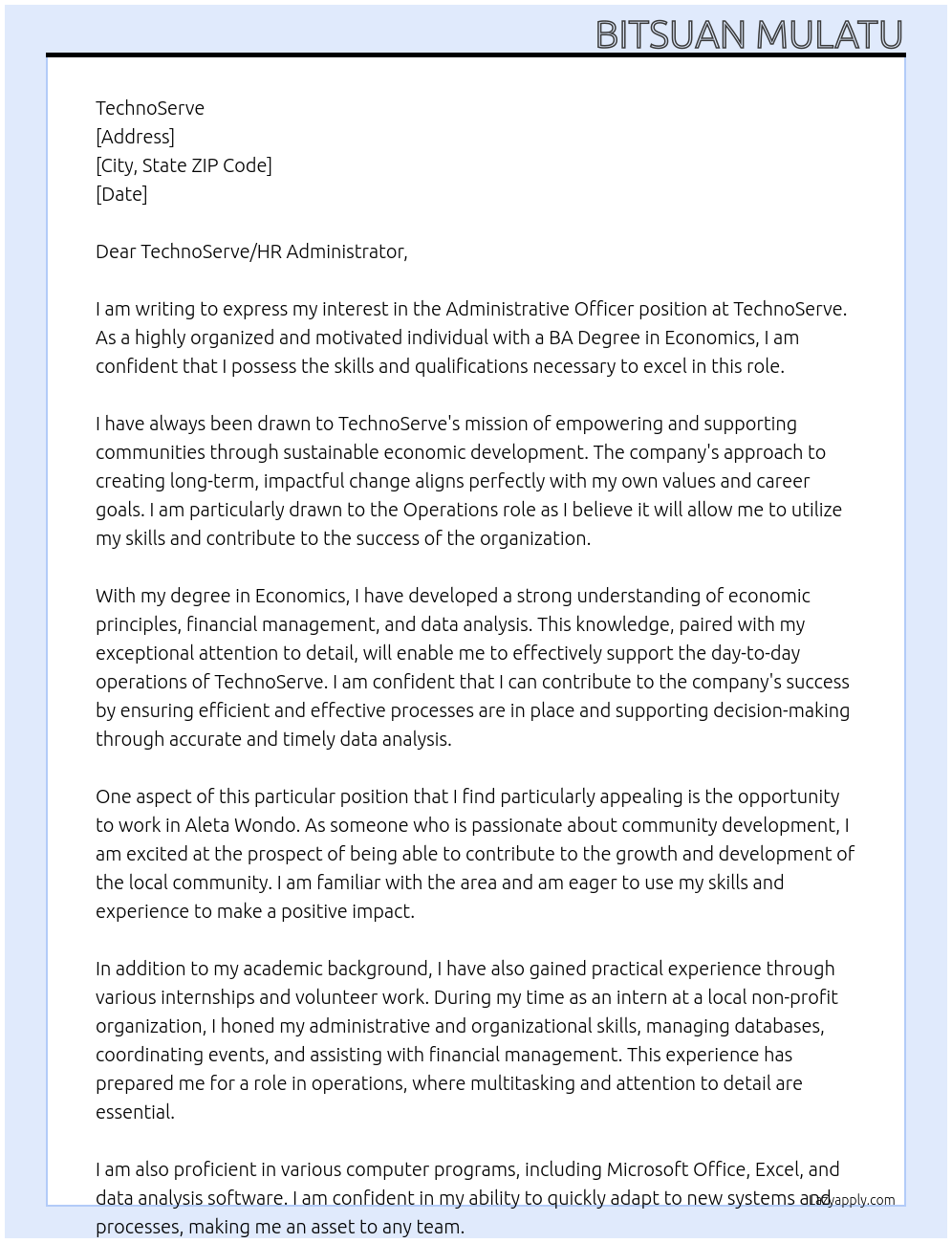 Administrative Officer At TechnoServe Cover Letter