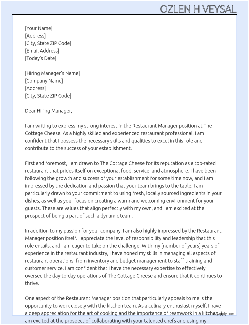 Restaurant Manager At The Cottage Cheese Cover Letter