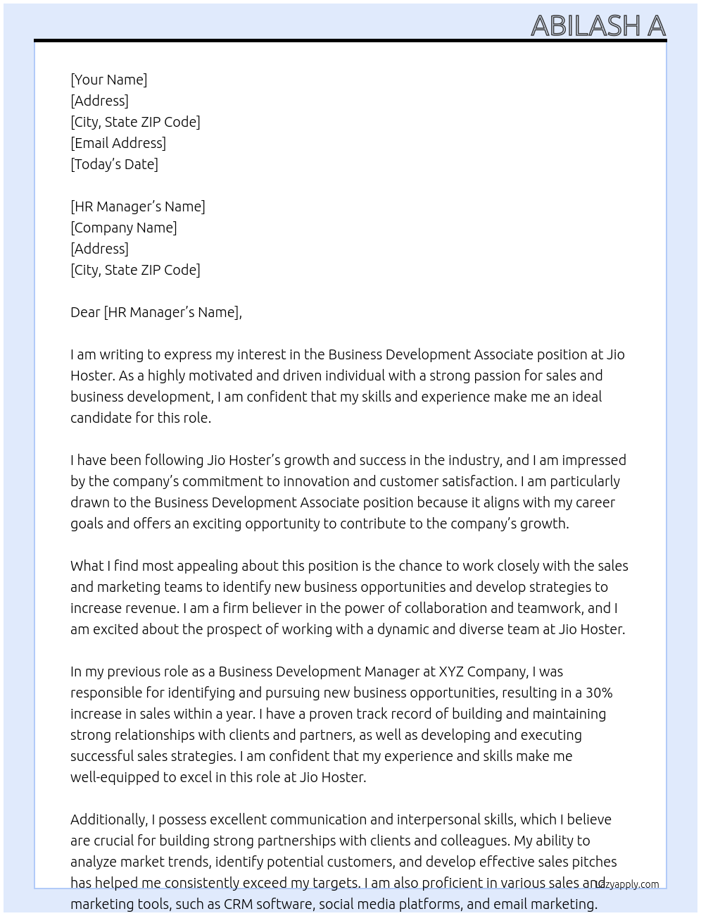 business development associate At jio hoster Cover Letter