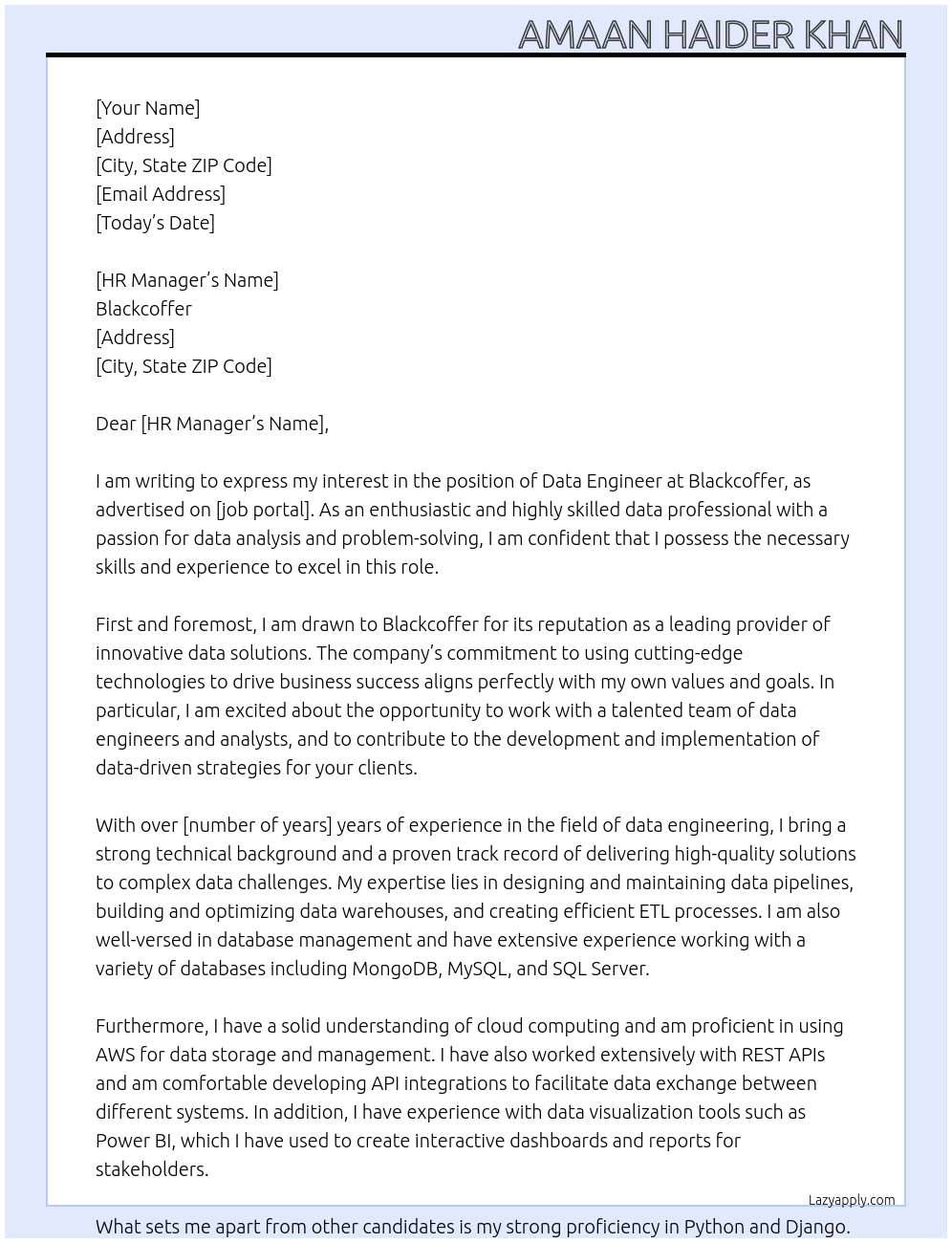 Data Engineer At Blackcoffer Cover Letter