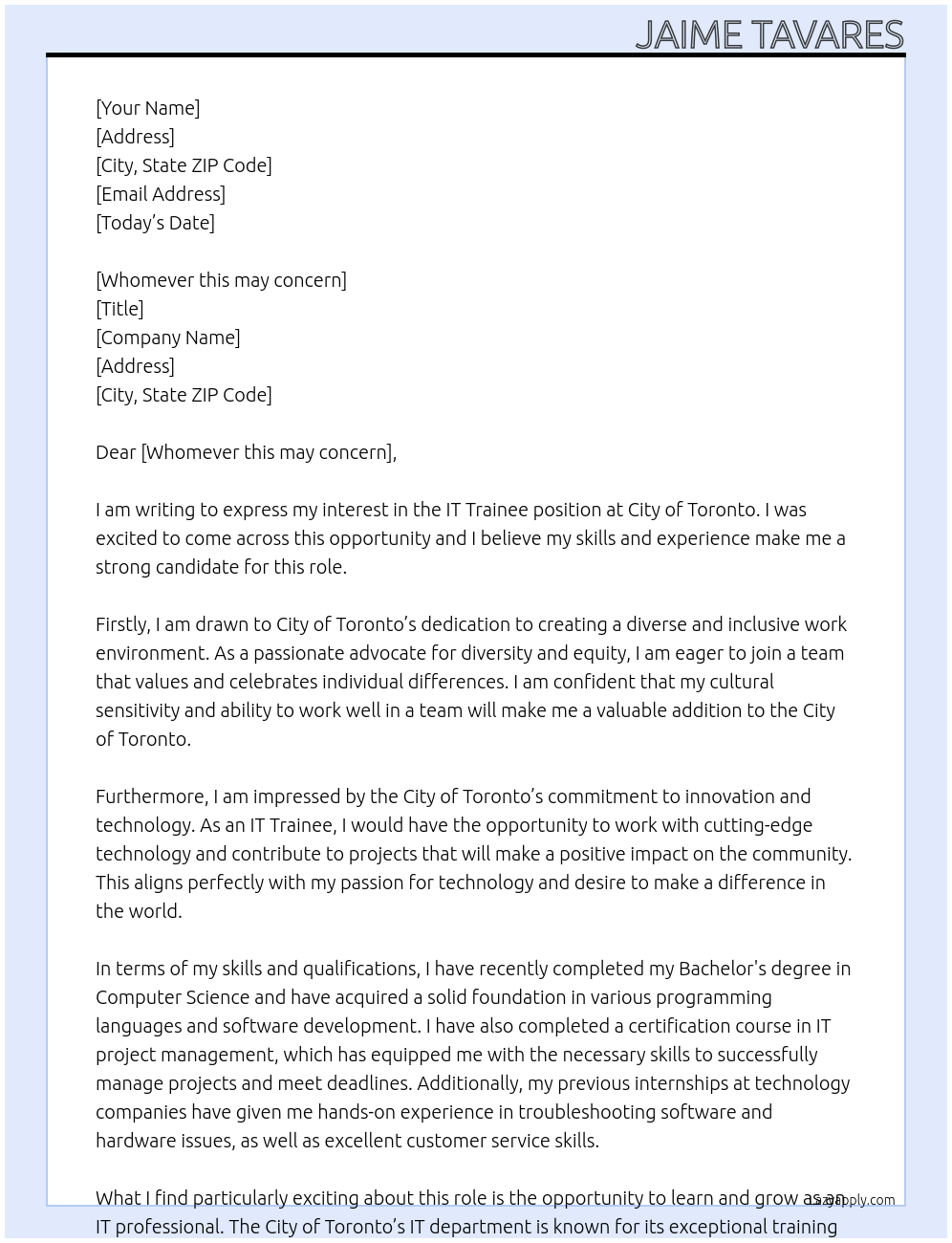 IT Trainee At City of Toronto Cover Letter