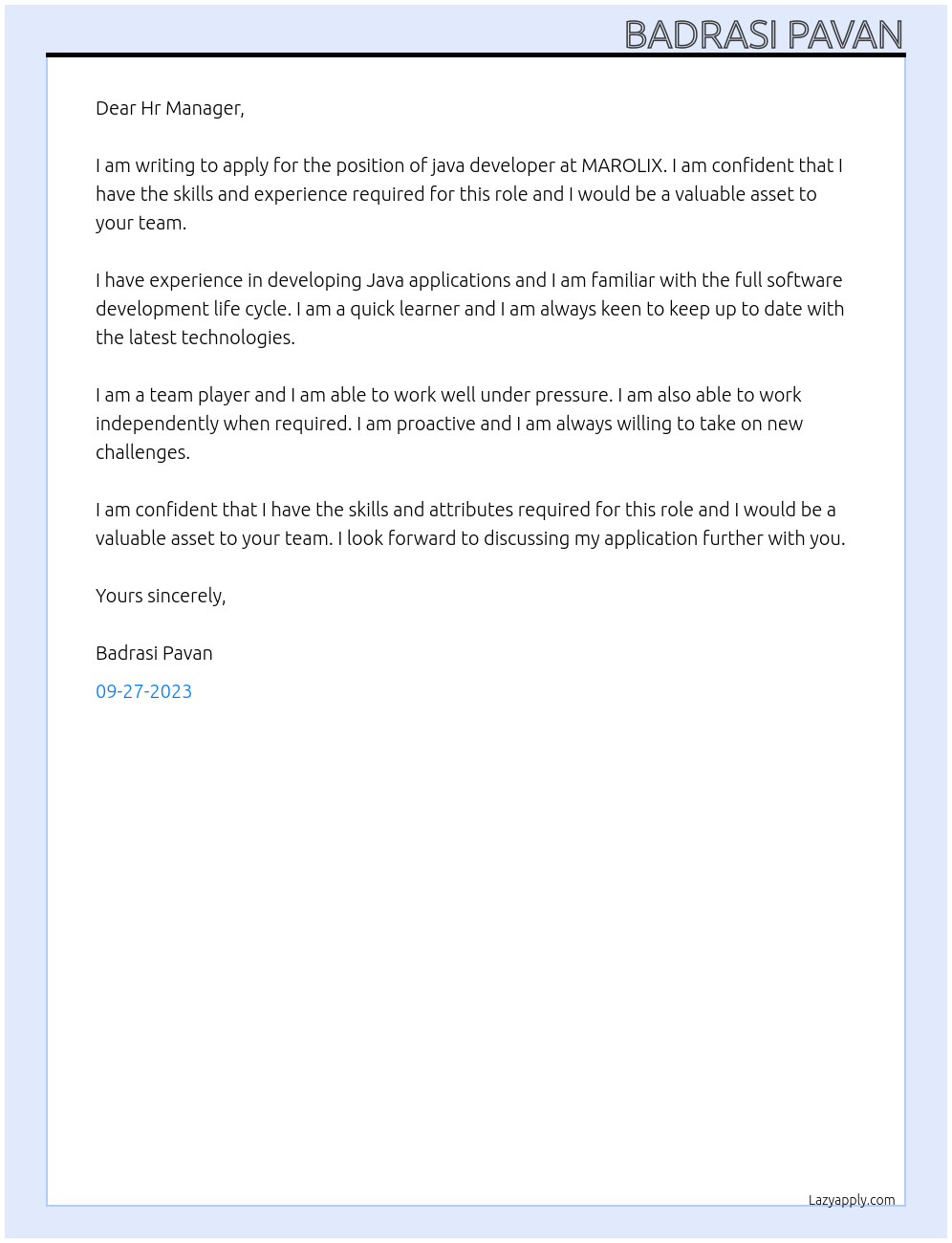 java developer At MAROLIX Cover Letter