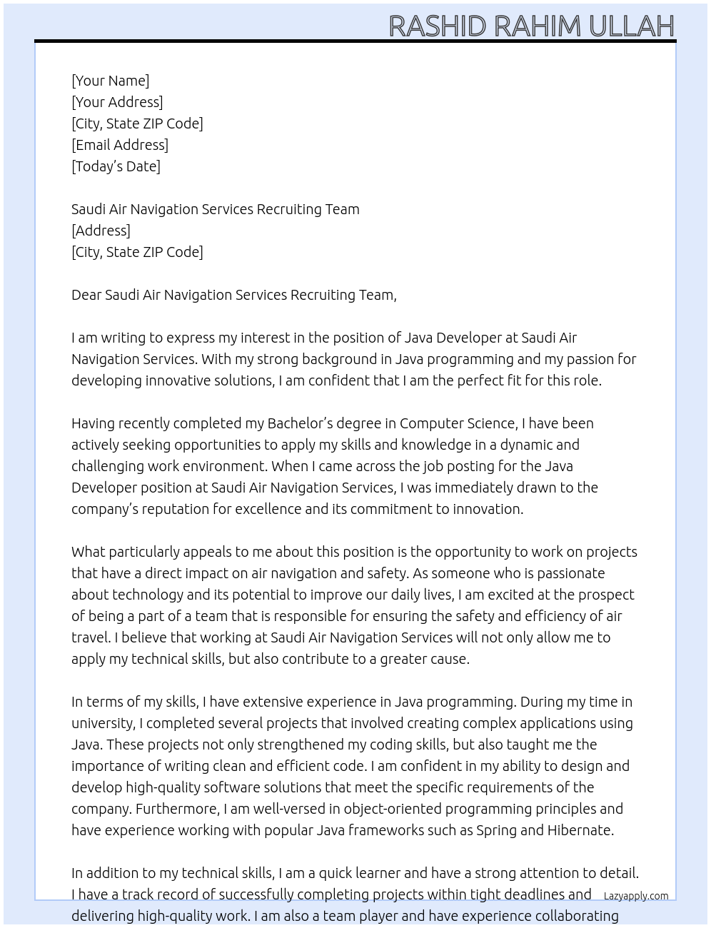 java developer At Saudi Air Navigation Services Recruiting Team Cover Letter