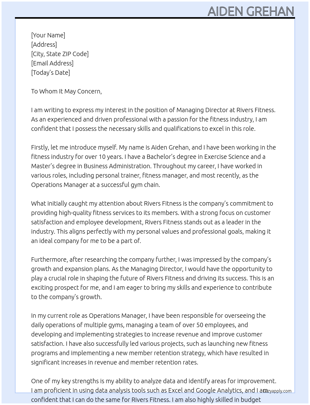 Managing Director At Rivers Fitness Cover Letter