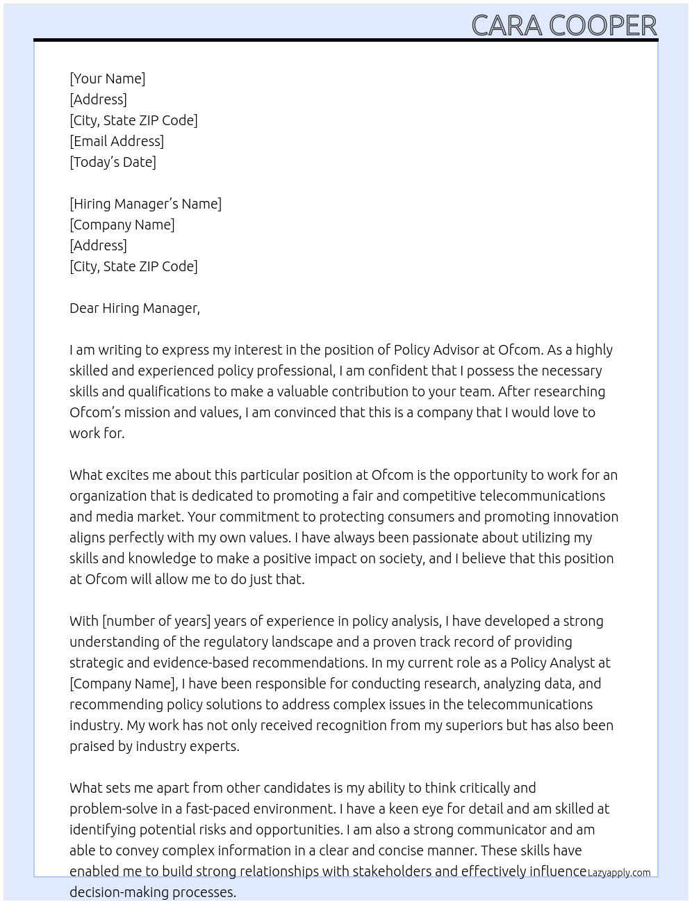 Policy advisor At Ofcom Cover Letter