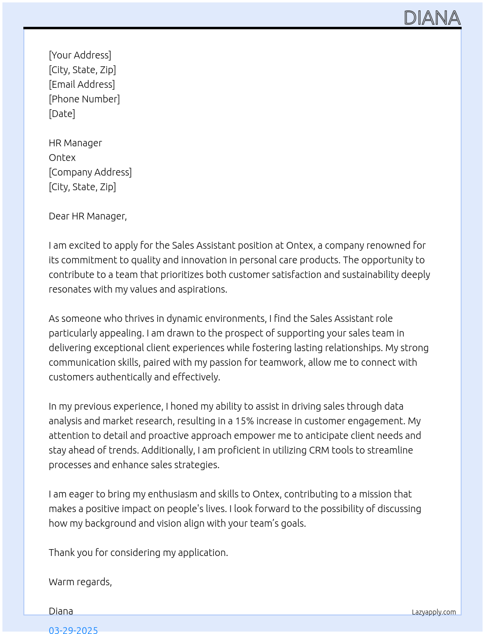 Sales assistant At Ontex Cover Letter