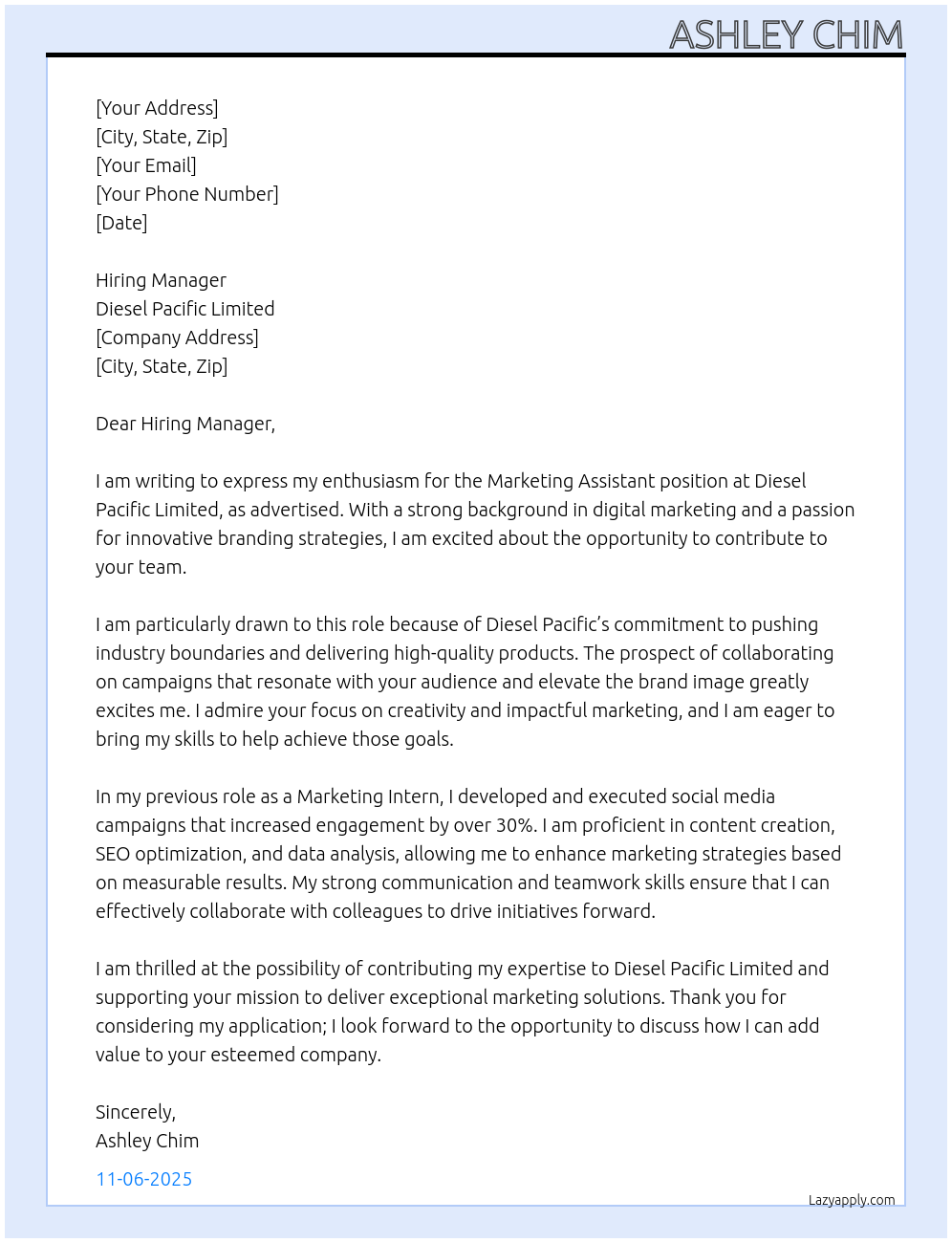 Cover letter for marketing assistant - LazyApply